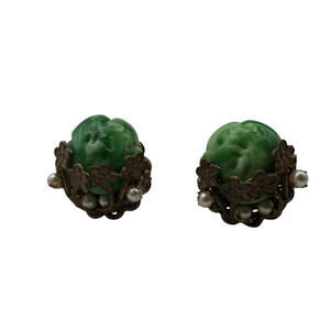 Miriam Haskell Signed Faux Jade Pearl Flower Gold Tone Clip-On Earrings